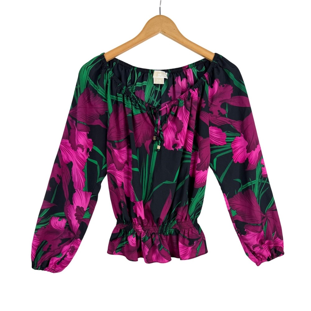 Michael Michael Kors Womens Fuchsia iris and green Tropical Leaf Print Blouse S